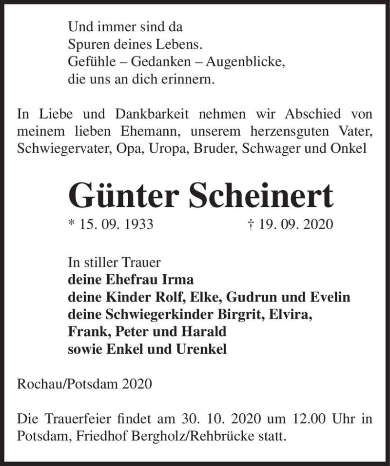  Traueranzeige für Günter Scheinert  vom 26.09.2020 aus Magdeburger Volksstimme