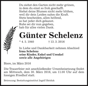 Traueranzeige von Günter Schelenz  von Magdeburger Volksstimme