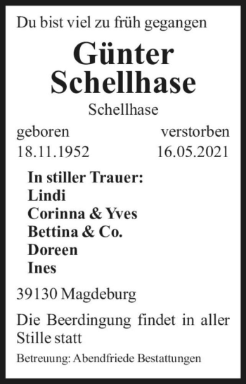 Traueranzeige von Günter Schellhase  von Magdeburger Volksstimme