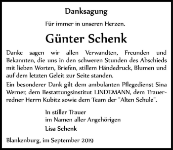 Traueranzeige von Günter Schenk  von Magdeburger Volksstimme