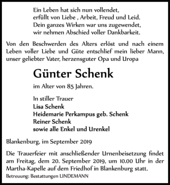 Traueranzeige von Günter Schenk  von Magdeburger Volksstimme
