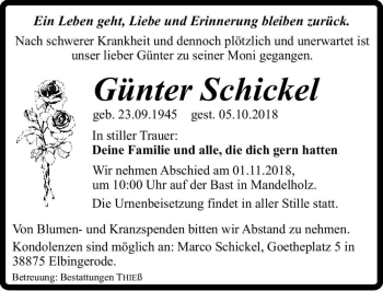 Traueranzeige von Günter Schickel  von Magdeburger Volksstimme