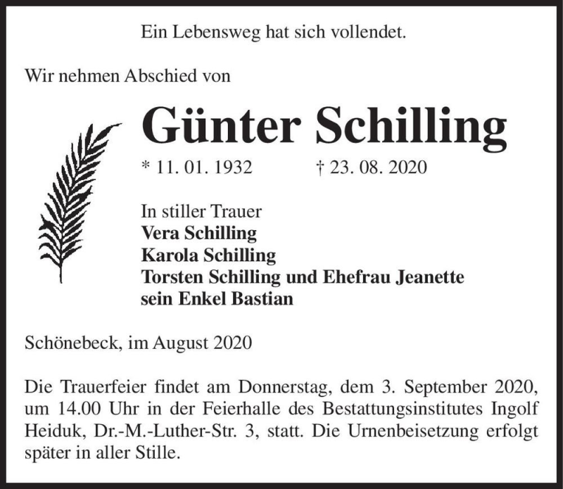  Traueranzeige für Günter Schilling  vom 26.08.2020 aus Magdeburger Volksstimme