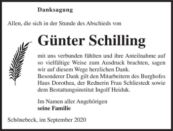 Traueranzeige von Günter Schilling  von Magdeburger Volksstimme