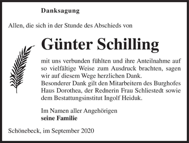  Traueranzeige für Günter Schilling  vom 05.09.2020 aus Magdeburger Volksstimme