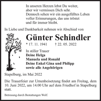 Traueranzeige von Günter Schindler  von Magdeburger Volksstimme