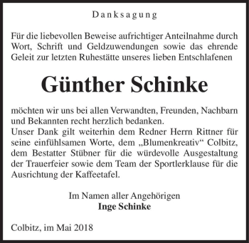 Traueranzeige von Günter Schinke  von Magdeburger Volksstimme