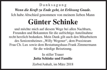 Traueranzeige von Günter Schinke  von Magdeburger Volksstimme