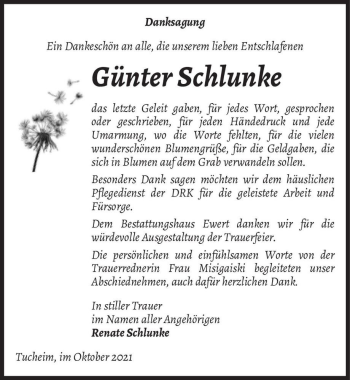 Traueranzeige von Günter Schlunke  von Magdeburger Volksstimme