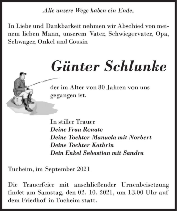Traueranzeige von Günter Schlunke  von Magdeburger Volksstimme