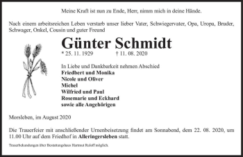 Traueranzeige von Günter Schmidt  von Magdeburger Volksstimme