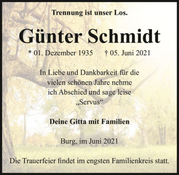 Traueranzeige von Günter Schmidt  von Magdeburger Volksstimme