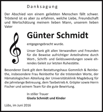 Traueranzeige von Günter Schmidt  von Magdeburger Volksstimme