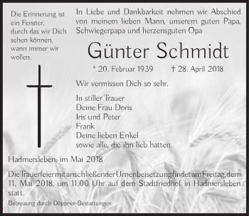 Traueranzeige von Günter Schmidt  von Magdeburger Volksstimme