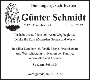Traueranzeige von Günter Schmidt  von Magdeburger Volksstimme