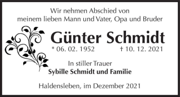 Traueranzeige von Günter Schmidt  von Magdeburger Volksstimme
