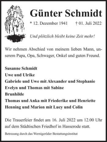 Traueranzeige von Günter Schmidt  von Magdeburger Volksstimme