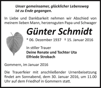 Traueranzeige von Günter Schmidt  von Magdeburger Volksstimme