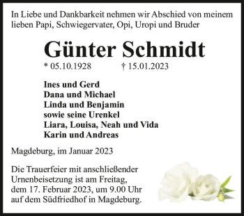 Traueranzeige von Günter Schmidt  von Magdeburger Volksstimme