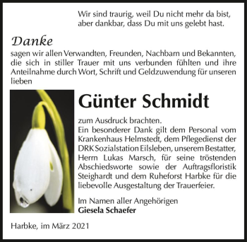 Traueranzeige von Günter Schmidt  von Magdeburger Volksstimme