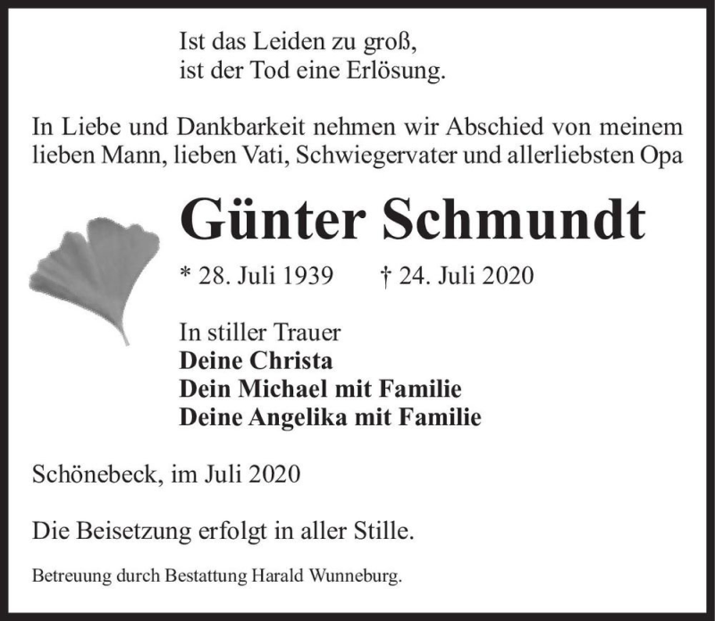  Traueranzeige für Günter Schmundt  vom 15.08.2020 aus Magdeburger Volksstimme