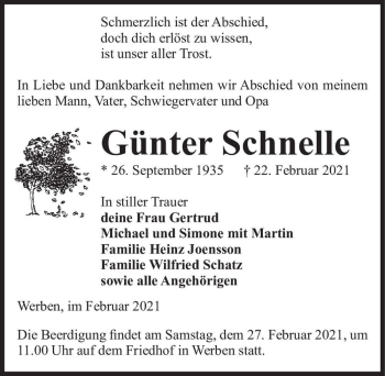 Traueranzeige von Günter Schnelle  von Magdeburger Volksstimme