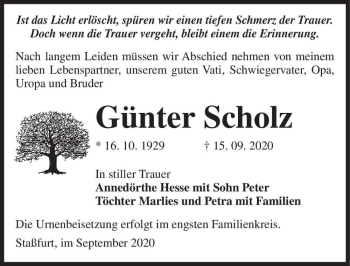Traueranzeige von Günter Scholz  von Magdeburger Volksstimme