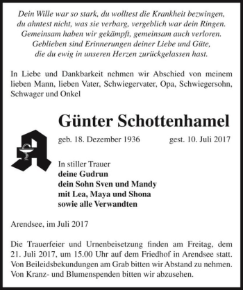 Traueranzeige von Günter Schottenhamel  von Magdeburger Volksstimme