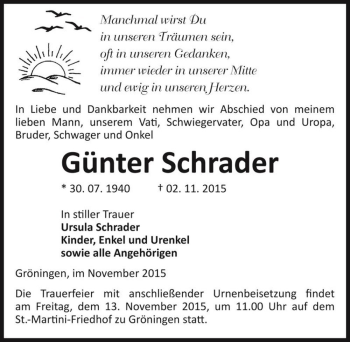 Traueranzeige von Günter Schrader  von Magdeburger Volksstimme