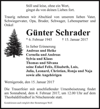 Traueranzeige von Günter Schrader  von Magdeburger Volksstimme