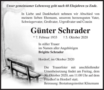 Traueranzeige von Günter Schrader  von Magdeburger Volksstimme