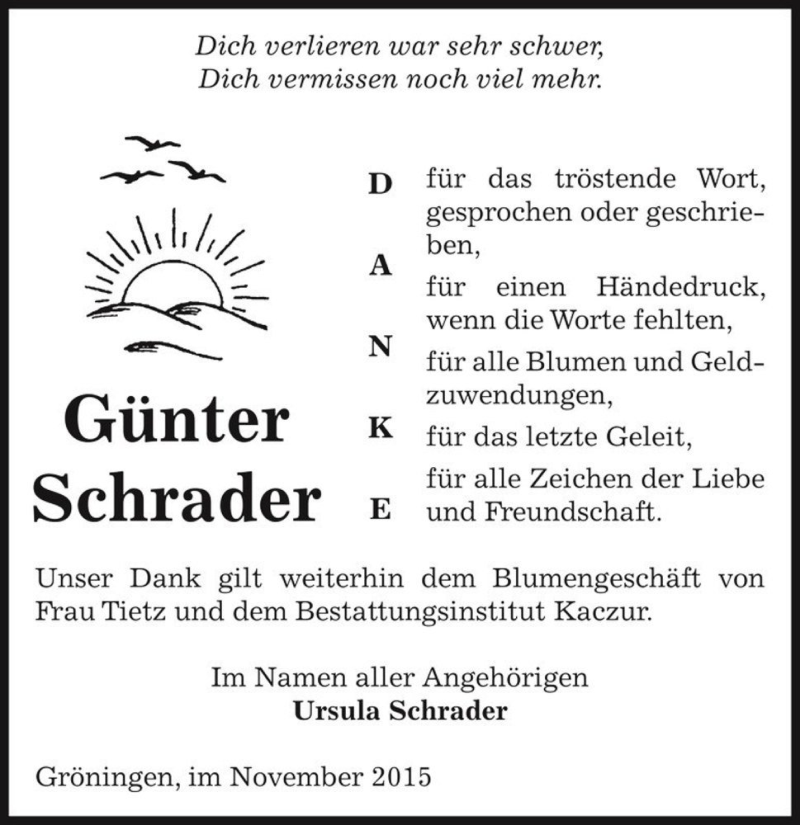  Traueranzeige für Günter Schrader  vom 23.11.2015 aus Magdeburger Volksstimme