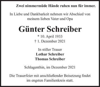 Traueranzeige von Günter Schreiber  von Magdeburger Volksstimme