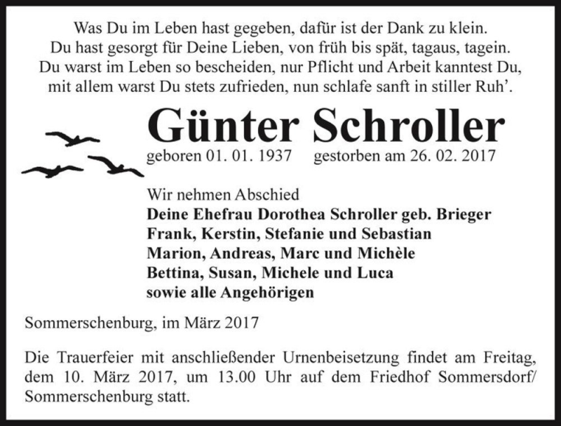  Traueranzeige für Günter Schroller  vom 04.03.2017 aus Magdeburger Volksstimme