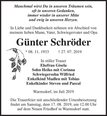 Traueranzeige von Günter Schröder  von Magdeburger Volksstimme