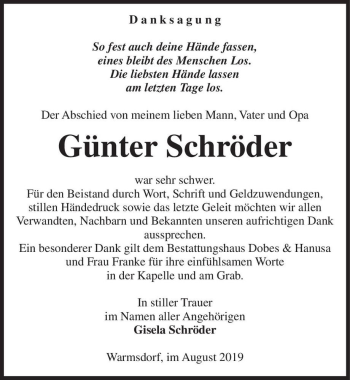 Traueranzeige von Günter Schröder  von Magdeburger Volksstimme