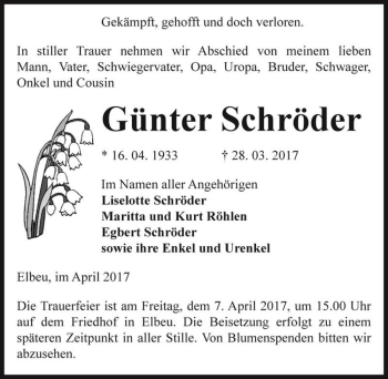 Traueranzeige von Günter Schröder  von Magdeburger Volksstimme