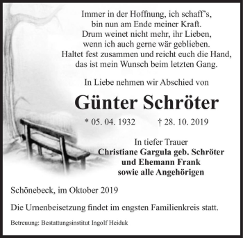 Traueranzeige von Günter Schröter  von Magdeburger Volksstimme