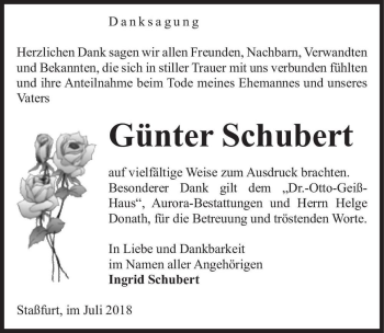 Traueranzeige von Günter Schubert  von Magdeburger Volksstimme