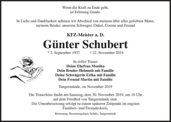 Traueranzeige von Günter Schubert  von Magdeburger Volksstimme