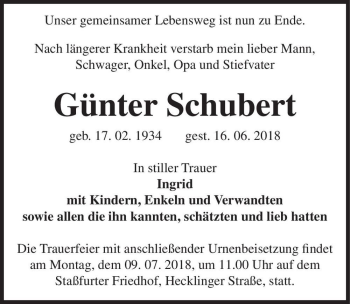 Traueranzeige von Günter Schubert  von Magdeburger Volksstimme