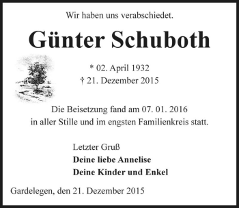 Traueranzeige von Günter Schuboth  von Magdeburger Volksstimme