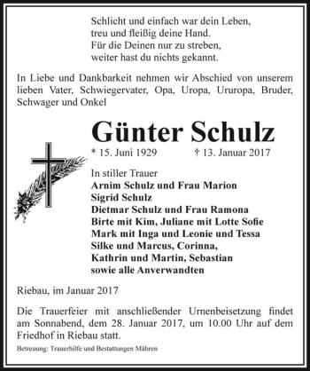 Traueranzeige von Günter Schulz  von Magdeburger Volksstimme