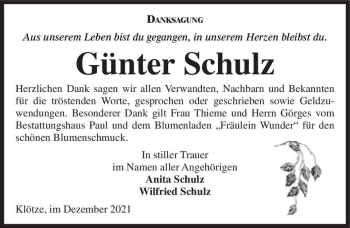 Traueranzeige von Günter Schulz  von Magdeburger Volksstimme