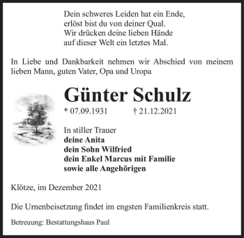 Traueranzeige von Günter Schulz  von Magdeburger Volksstimme