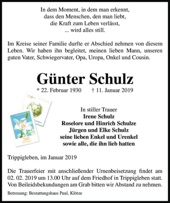Traueranzeige von Günter Schulz  von Magdeburger Volksstimme
