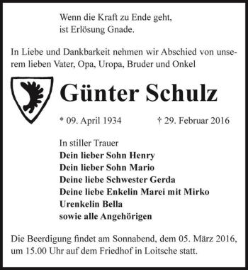 Traueranzeige von Günter Schulz  von Magdeburger Volksstimme