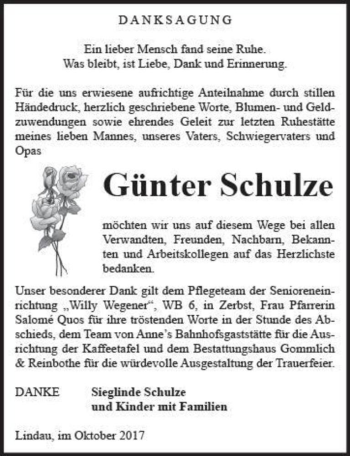 Traueranzeige von Günter Schulz  von Magdeburger Volksstimme