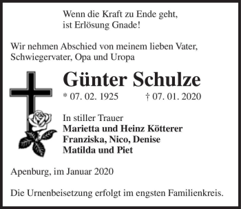 Traueranzeige von Günter Schulze  von Magdeburger Volksstimme
