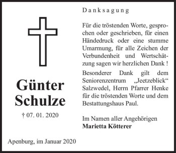Traueranzeige von Günter Schulze  von Magdeburger Volksstimme